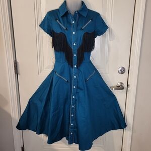 unique vintage western teal blue swing fringe button down dress small